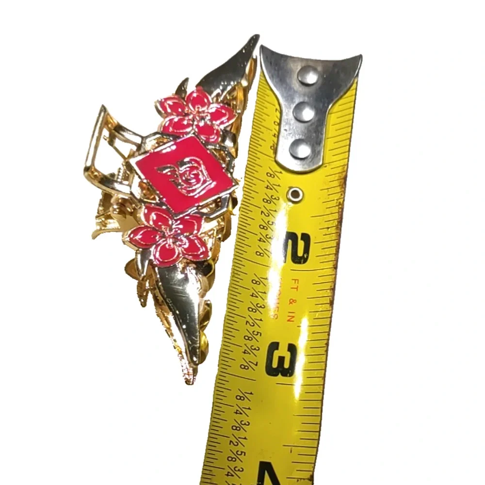 Hair Barrette Clip Claw Red Gold Tone Asian Design